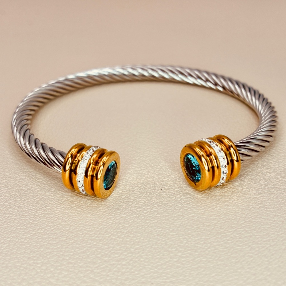 Blue CZ Gold and Silver Twisted Cable Open Cuff Stackable Bracelet